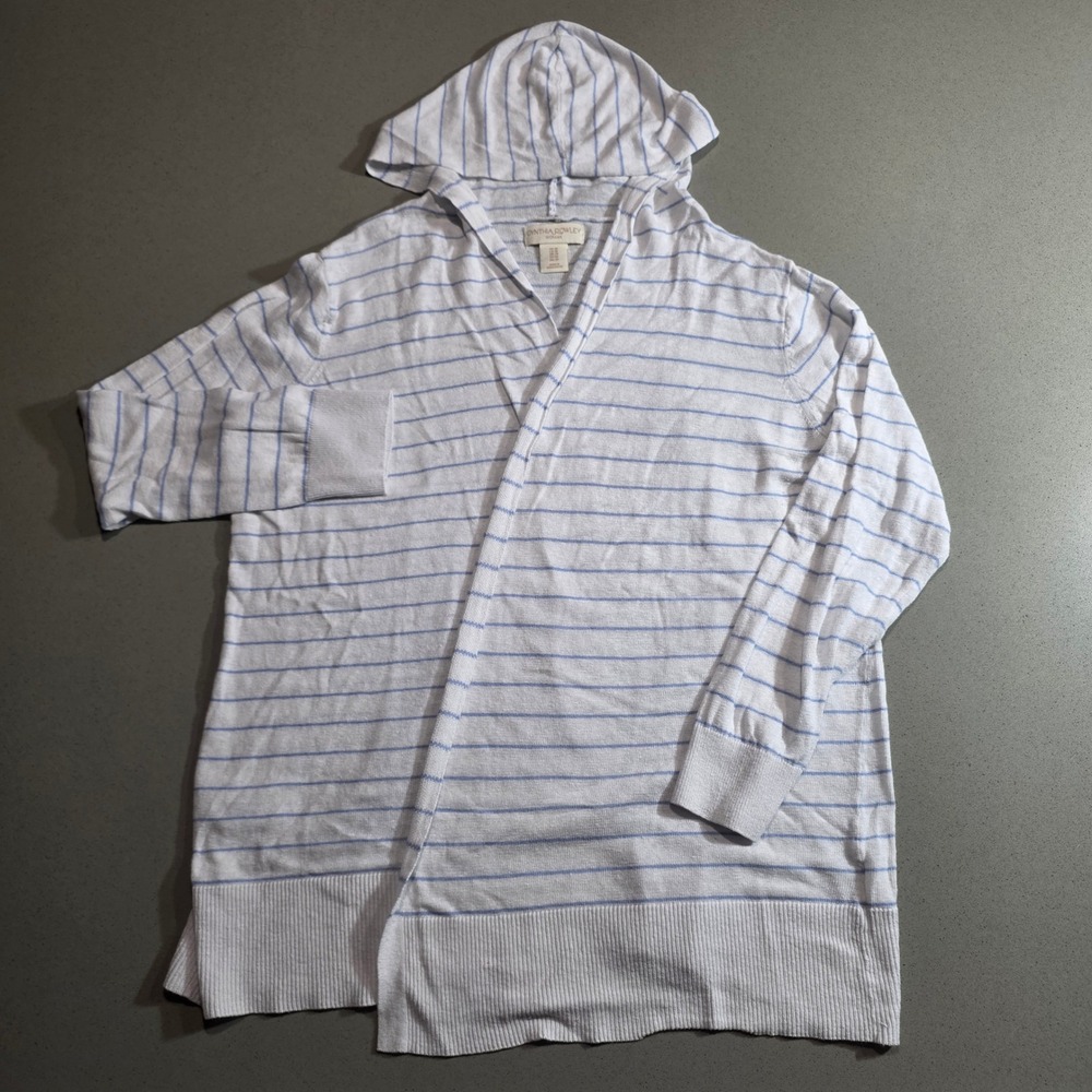 Cynthia Rowley Woman Blue White Striped Hooded Open Front Cardigan Sweater 1X